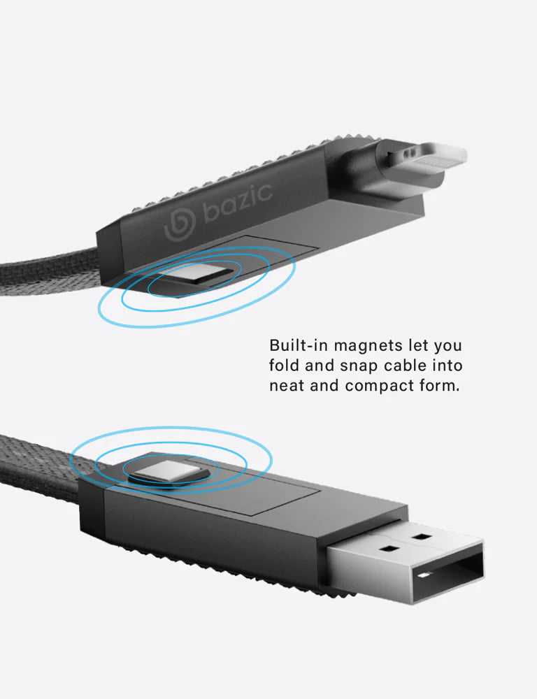 Bazic GoCharge 4 IN 1 Input USB A and USB-C to Output USB-C and Lightning Cable 1 M - Black  - سلك شحن - 4 في 1 - من يو اس بي + تايب سي - الى تايب سي + ايفون - طول 1 متر - بيزك