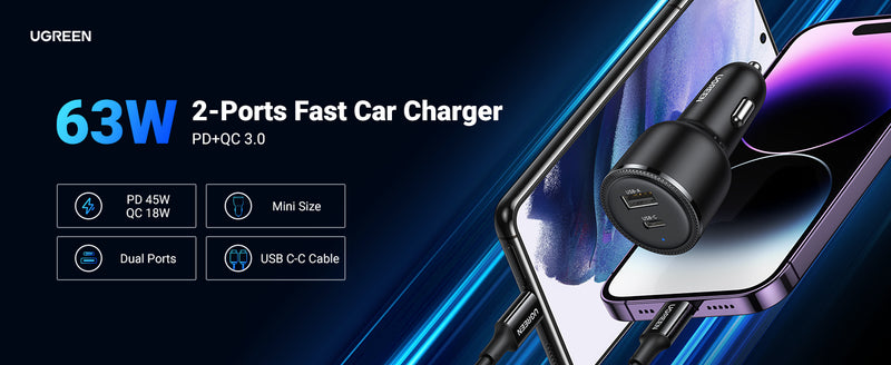 UGREEN 63W 2-Port Fast Car Charger -[B] - شاحن ولاعة للسيارة -يوجرين - قوة 63 واط - منفذ تايب سي للشحن السريع ومنفذ للشحن الذكي - كفالة 12 شهر