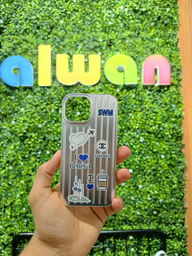 Noufa Silver Phone Case - كفر مع ستيكرز طباعة من اختياركم - الكفر + التصميم + البروفة + الطباعة - سيتم التواصل معكم لتحديد الكلمات والصور