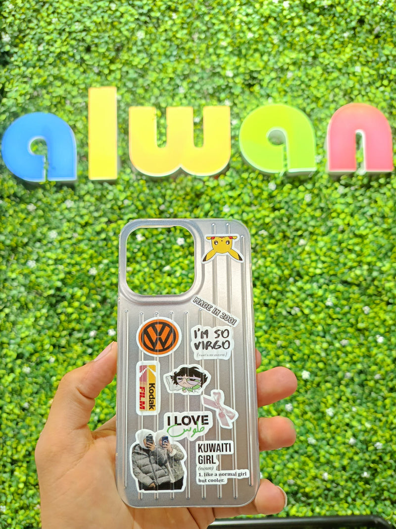 Noufa Silver Phone Case - كفر مع ستيكرز طباعة من اختياركم - الكفر + التصميم + البروفة + الطباعة - سيتم التواصل معكم لتحديد الكلمات والصور