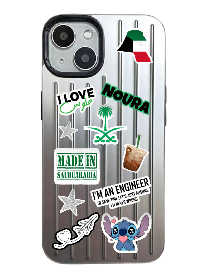 Noufa Silver Phone Case - كفر مع ستيكرز طباعة من اختياركم - الكفر + التصميم + البروفة + الطباعة - سيتم التواصل معكم لتحديد الكلمات والصور