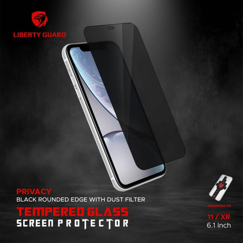 Liberty Guard Privacy Full Cover Black Rounded Edge With Dust Filter Screen Protector For iPhone - حماية شاشة - سوداء خصوصية برايفسي - لجميع اطراف الجهاز - مع عدة التركيب - مقاومة للغبار والاتربة