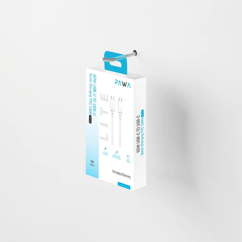 Pawa 3A USB-C TO USB-C Quick Charging PVC Cable PW122 - White -  سلك شحن - باوا - تايب سي الي  تايب سي - طول 1.2 متر - قوة 60 واط - كفالة 12 شهر