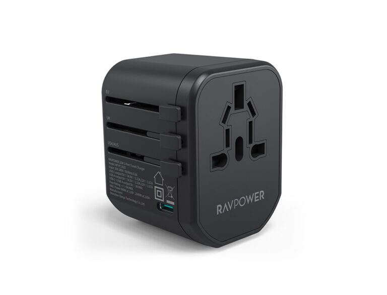 Ravpower RP-PC1033 Pd Pioneer 20 Watts 3-Port Travel Charger - Black [B] - بلاك حائط شحن دولي - راف باور - 3 فتحات للشحن - 1 فتحة تايب سي + 2 فتحتين يو اس بي - كفالة 12 شهر