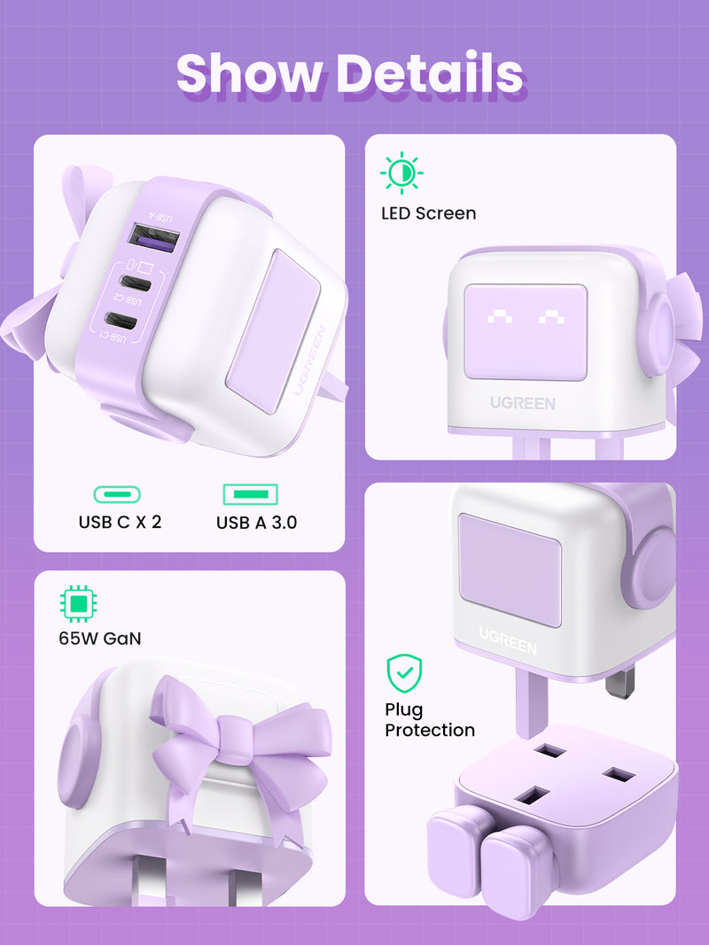 UGREEN Nexode RG 65W 3-Port GaN Fast Charger UK Purple - [B] - شاحن حائط  - يو جرين - 2 فتحتين تايب سي - 1 فتحة يو اس بي - شاشة رقمية - قوة 65 واط - كفالة 12 شهر