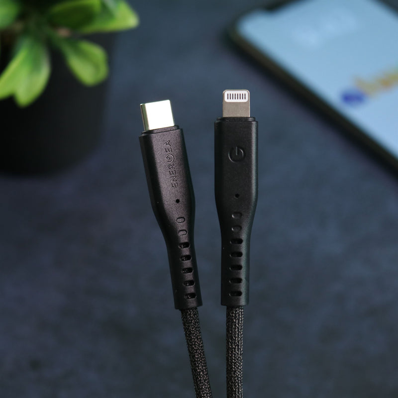 Energea Flow USB-C To Lightning Cable 1.5M - Black - سلك شحن ايفون تايب سي - انيرجيا - طول متر ونصف - كفالة 5 سنين