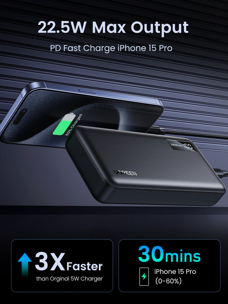 UGREEN Powerbank PB312 LED Display 20.000mAh Fast Charging 20W PD QC3.0 22.5W [B] - بطارية متنقلة - يوجرين - سعة 20 آلاف ملي امبير - مع سلك شاحن تايب سي - شاشة رقمية - قوة 22.5 واط - كفالة 12 شهر