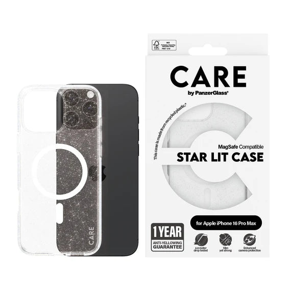 CARE by PanzerGlass Case Flagship Star Lit w. White MagSafe for iPhone 16 Pro/16 Pro Max - Clear - كفر حماية عالية - ماغ سيف - شفاف - بانزر جلاس