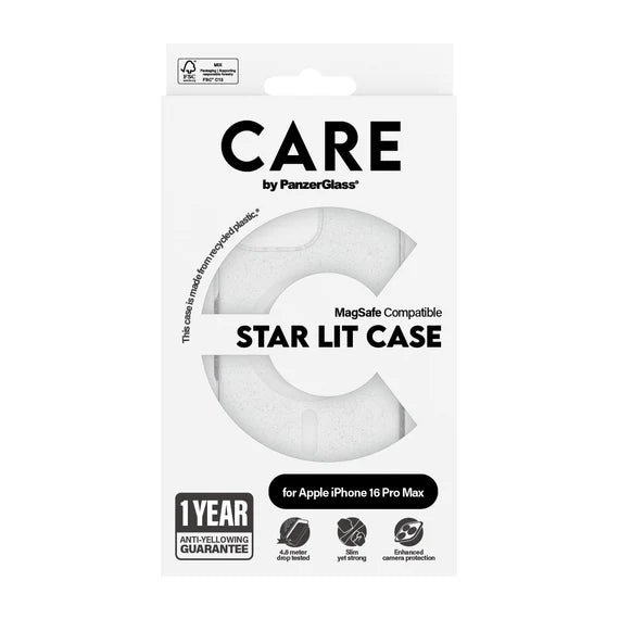 CARE by PanzerGlass Case Flagship Star Lit w. White MagSafe for iPhone 16 Pro/16 Pro Max - Clear - كفر حماية عالية - ماغ سيف - شفاف - بانزر جلاس