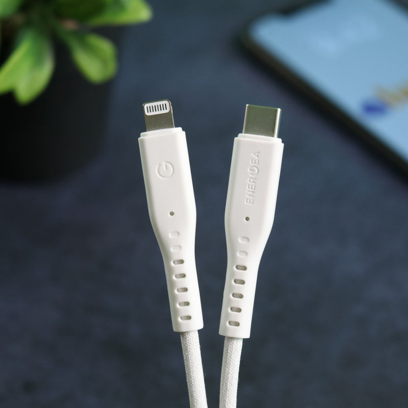 Energea Flow USB-C To Lightning Cable 1.5M - White - سلك شحن ايفون تايب سي - انيرجيا - طول متر ونصف - كفالة 5 سنين