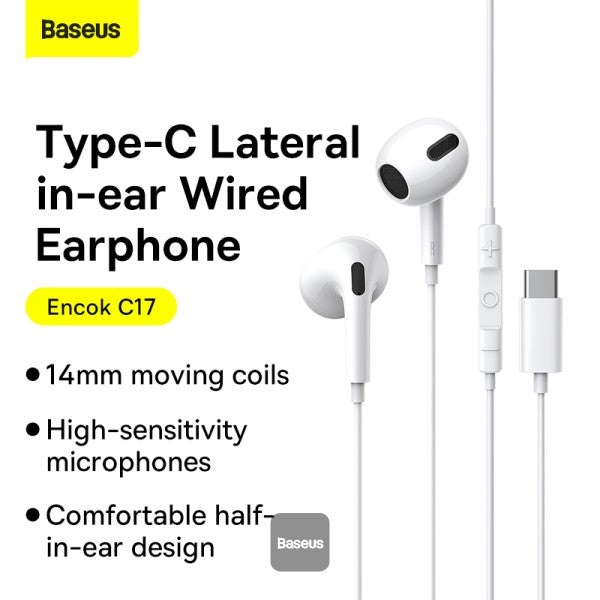 Baseus Encok Type-C lateral in-ear Wired Earphone C17 - White - سماعة اذن - تايب سي - بيسوس - مع مايكروفون - لاجهزة الاندرويد والسامسونغ والايباد برو - كفالة 12 شهر