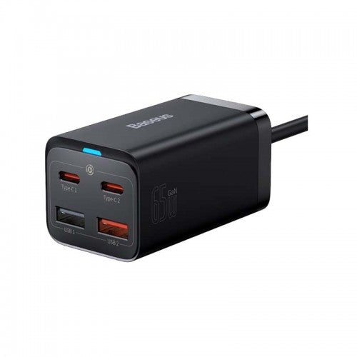 Baseus GaN5 Pro 2-Port USB-C + 2-Port USB-A 65W With 1-AC Power Strip - Cluster Black - موزع بلاك حائط شحن - 1 فتحه كهرباء - 2 منفذين تايب سي - 2 منفذين يو اس بي - قوة 65 واط - كفالة 12 شهر