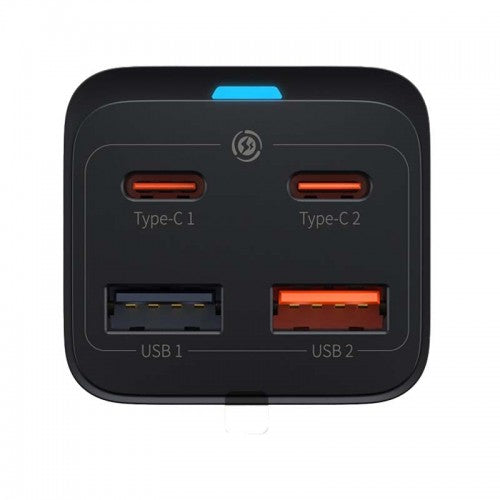 Baseus GaN5 Pro 2-Port USB-C + 2-Port USB-A 65W With 1-AC Power Strip - Cluster Black - موزع بلاك حائط شحن - 1 فتحه كهرباء - 2 منفذين تايب سي - 2 منفذين يو اس بي - قوة 65 واط - كفالة 12 شهر