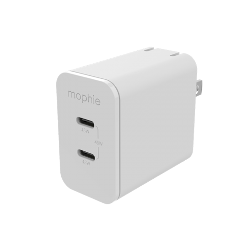 Mophie ACC 2-Port USB-C 45W PD GaN Wall Charger - White - شاحن حائط - تايب سي - موفي - 45 واط - خاصية الشحن السريع - 2 فتحتين تايب سي - كفالة 18 شهر - مناسب لاجهزة الايفون الحديثة