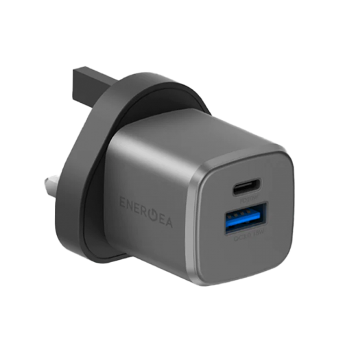 Energea Ampcharge 1-Port USB-C And 1-Port USB-A 20W GaN Wall Charger - Gunmetal - شاحن حائط - انيرجيا - قوة 20 واط - 2 فتحتين للشحن السريع - 1 تايب سي بي دي - 1 يو اس بي  - كفالة 18 شهر
