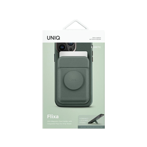 Uniq Flixa Magnetic Pop-Out Card Holder With Grip-Stand - Lichen Green- مسكة مغناطيس دائرية - ماق سيف - وستاند جانبي ورأسي ومحفظة للبطاقات - يونيك