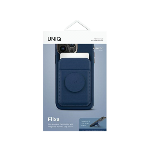 Uniq Flixa Magnetic Pop-Out Card Holder With Grip-Stand - Navy Blue- مسكة مغناطيس دائرية - ماق سيف - وستاند جانبي ورأسي ومحفظة للبطاقات - يونيك