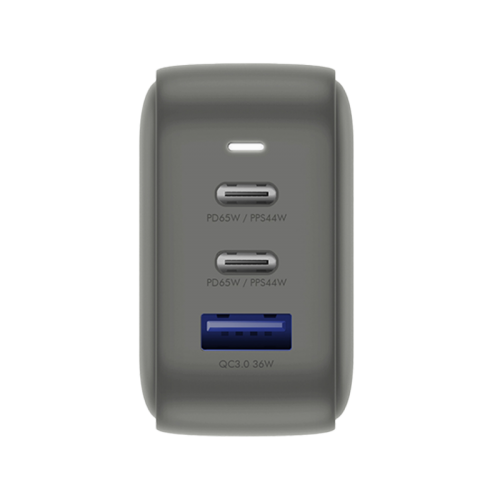 Energea TravelWorld 2-Port USB-C PD And 1-Port USB-A GaN 66W Travel Adapter - Gunmetal- بلاك حائط شحن دولي - قوة 66 واط - انيرجيا - 3 فتحات للشحن - 2 فتحات تايب سي + 1 فتحة يو اس بي - كفالة 12شهر