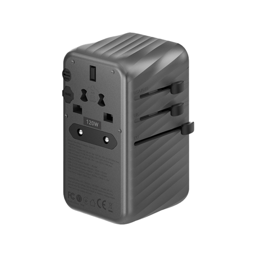 Energea TravelWorld 3-Port USB-C And 1-Port USB-A GaN 120W Travel Adapter - Gunmetal - شاحن حائط دولي للسفر - مناسب لجميع دول العالم -4 فتحات للشحن الذكي والسريع - 3 فتحات تايب سي - 1 فتحة يو اس بي - قوة 120 واط - كفالة 18 شهر