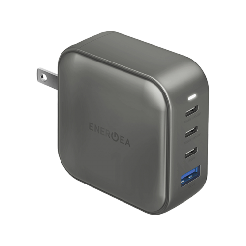Energea TravelWorld 3-Port USB-C PD And 1-Port USB-A GaN 100W Travel Adapter - Gunmetal- بلاك حائط شحن دولي - قوة 100 واط - انيرجيا - 4 فتحات للشحن - 3 فتحات تايب سي + 1 فتحة يو اس بي - كفالة 12شهر