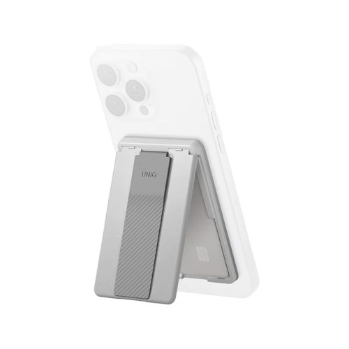 Uniq Heldro ID Wallet Magnetic Card Holder With Grip-Band And Stand - Chalk Grey - مسكة وستاند جانبي ورأسي ومحفظة للبطاقات - ماغ سيف - يونيك