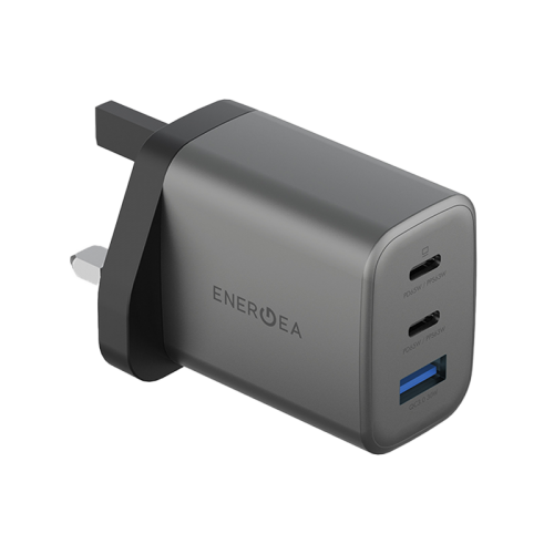 Energea Ampcharge 2-Port USB-C And 1-Port USB-A 65W GaN Wall Charger - Gunmetal - شاحن حائط - انيرجيا - قوة 65 واط - منفذين للشحن السريع تايب سي - ومنفذ للشحن الذكي - كفالة 24 شهر