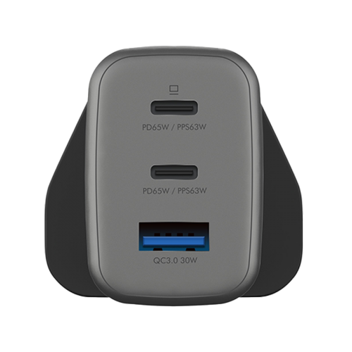 Energea Ampcharge 2-Port USB-C And 1-Port USB-A 65W GaN Wall Charger - Gunmetal - شاحن حائط - انيرجيا - قوة 65 واط - منفذين للشحن السريع تايب سي - ومنفذ للشحن الذكي - كفالة 24 شهر