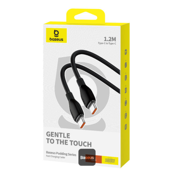 Baseus Pudding Series Fast Charging Cable With High-Speed Data Transmission Type-C to Type-C 100W 5A 1.2M - Black - سلك شحن - بيسوس - تايب سي الى تايب سي - طول 1.20 متر - كفالة 12 شهر