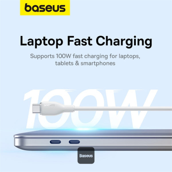 Baseus Pudding Series Fast Charging Cable With High-Speed Data Transmission Type-C to Type-C 100W 5A 1.2M - White - سلك شحن - بيسوس - تايب سي الى تايب سي - طول 1.2 متر - كفالة 12 شهر