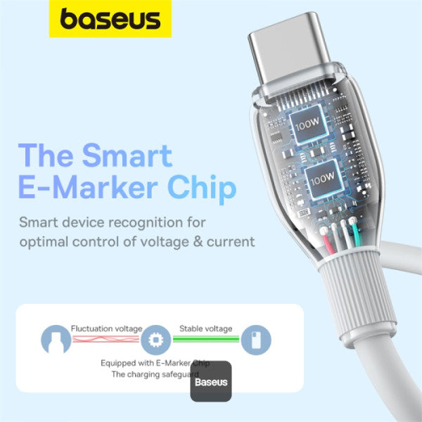 Baseus Pudding Series Fast Charging Cable With High-Speed Data Transmission Type-C to Type-C 100W 5A 1.2M - White - سلك شحن - بيسوس - تايب سي الى تايب سي - طول 1.2 متر - كفالة 12 شهر