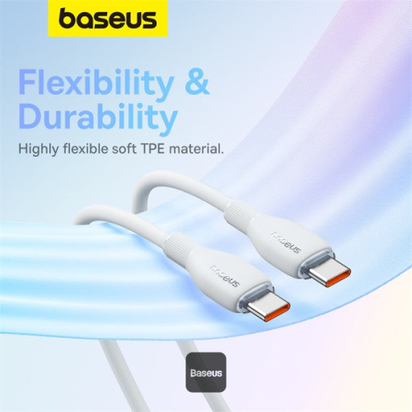 Baseus Pudding Series Fast Charging Cable With High-Speed Data Transmission Type-C to Type-C 100W 5A 1.2M - White - سلك شحن - بيسوس - تايب سي الى تايب سي - طول 1.2 متر - كفالة 12 شهر