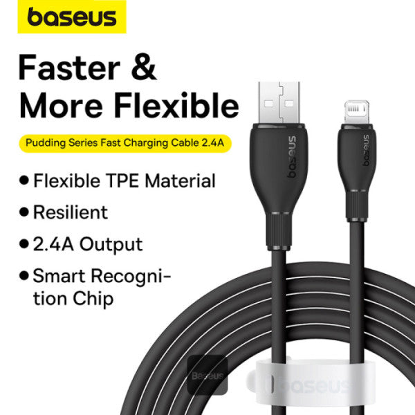 Baseus Pudding Series Fast Charging Cable USB to iPhone 14, 13, 12, 11, (2.4A 2m) Cluster Black - سلك شحن ايفون - بيسوس - طول 2 سم - كفالة 12 شهر