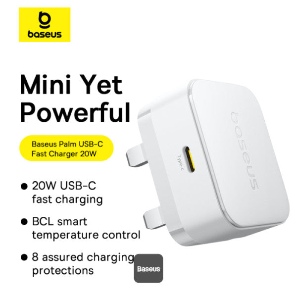 Baseus Palm 20W PD Type-C Fast Charging Wall Charger - Ultra Fast USB-C Charger With UK Plug - White - شاحن حائط  - قوة 20 واط - بيسوس - تايب سي