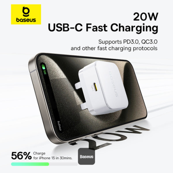 Baseus Palm 20W PD Type-C Fast Charging Wall Charger - Ultra Fast USB-C Charger With UK Plug - White - شاحن حائط  - قوة 20 واط - بيسوس - تايب سي