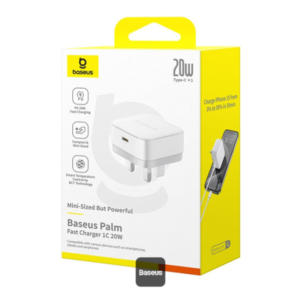 Baseus Palm 20W PD Type-C Fast Charging Wall Charger - Ultra Fast USB-C Charger With UK Plug - White - شاحن حائط  - قوة 20 واط - بيسوس - تايب سي