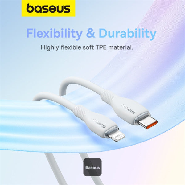 Baseus Pudding Series Fast Charging Cable With High-Speed Data Transmission Type-C to Lightning 20W 1.2M - White - سلك شحن - بيسوس - تايب سي الى ايفون - طول 1.20 متر - كفالة 12 شهر