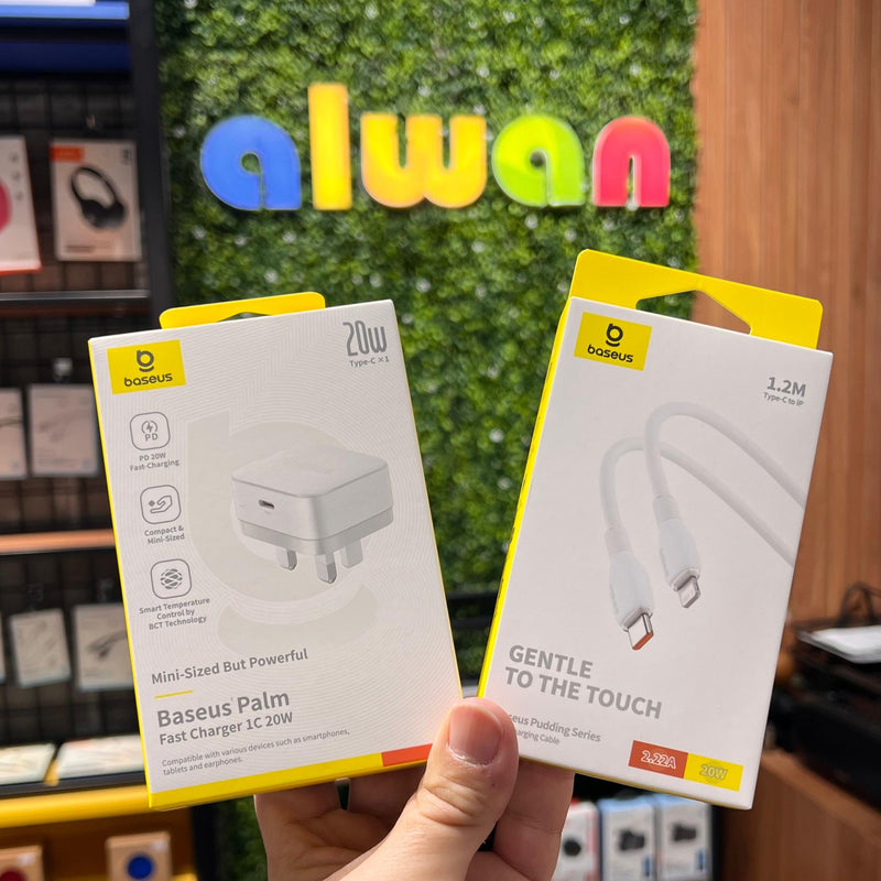 Offer Baseus (Baseus Palm 20W PD Type-C Fast Charging Wall Charger + Baseus Pudding Series Fast Charging Cable Type-C to Lightning 20W 1.2M - White - عرض - بيسوس - بلاك شاحن تايب سي قوة 20 واط + سلك شحن ايفون قوة 20 واط - كفالة 12 شهر