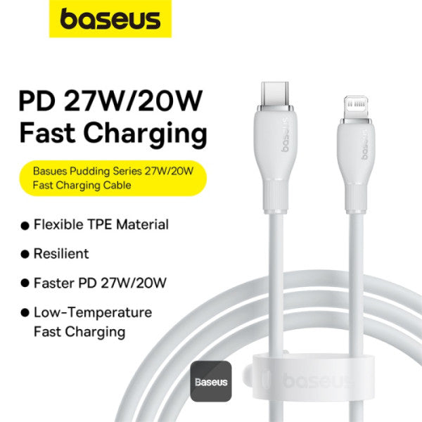 Baseus Pudding Series Fast Charging Cable With High-Speed Data Transmission Type-C to Lightning 20W 1.2M - White - سلك شحن - بيسوس - تايب سي الى ايفون - طول 1.20 متر - كفالة 12 شهر