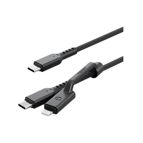 Energea Flow Duo USB-C to USB-C + Lightning 480Mbps 240W 1.5m Cable - Black [B] - سلك شحن  - انيرجيا - 2 في 1 - تايب سي + ايفون - طول متر ونصف - كفالة 5 سنين