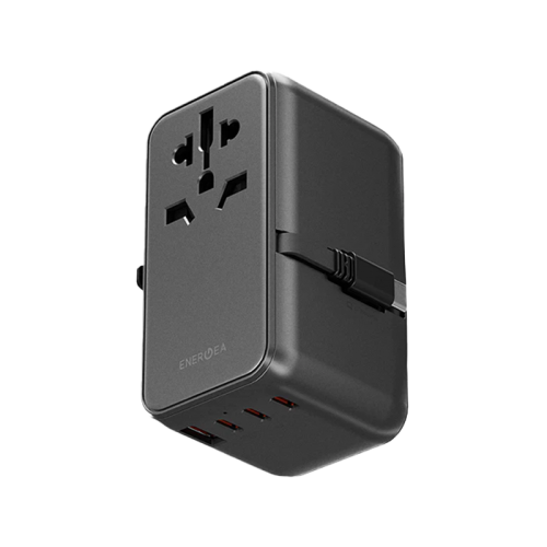 Energea TravelWorld 3-Port USB-C and 1-Port USB-A With 80CM USB-C Cable GaN 85W Travel Adapter - Gunmetal Black [B] - شاحن حائط دولي للسفر - مناسب لجميع دول العالم - 3 فتحات تايب سي - 1 فتحة يو اس بي + سلك شحن تايب سي مدمج - قوة 85 واط - كفالة 18 شهر