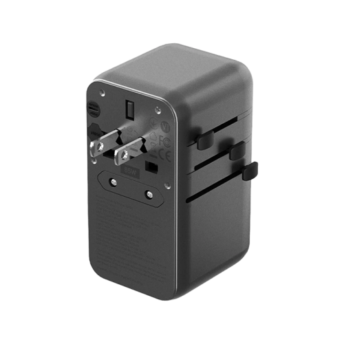 Energea TravelWorld 3-Port USB-C and 1-Port USB-A With 80CM USB-C Cable GaN 85W Travel Adapter - Gunmetal Black [B] - شاحن حائط دولي للسفر - مناسب لجميع دول العالم - 3 فتحات تايب سي - 1 فتحة يو اس بي + سلك شحن تايب سي مدمج - قوة 85 واط - كفالة 18 شهر