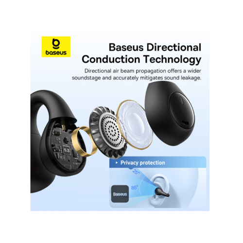 Baseus AirGo AS01 Open-Ear Wireless Earphone - Cluster Black -  سماعة بيسوس - بلوتوث - كفاله 12 شهر