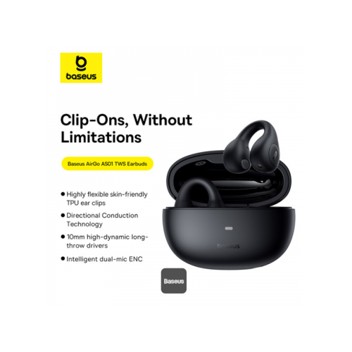 Baseus AirGo AS01 Open-Ear Wireless Earphone - Cluster Black -  سماعة بيسوس - بلوتوث - كفاله 12 شهر