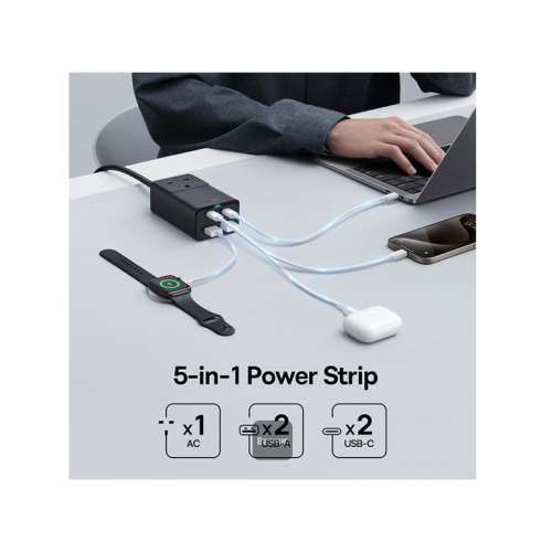 Baseus GaN5 Pro 2-Port USB-C + 2-Port USB-A 65W With 1-AC Power Strip - Cluster Black - موزع بلاك حائط شحن - 1 فتحه كهرباء - 2 منفذين تايب سي - 2 منفذين يو اس بي - قوة 65 واط - كفالة 12 شهر