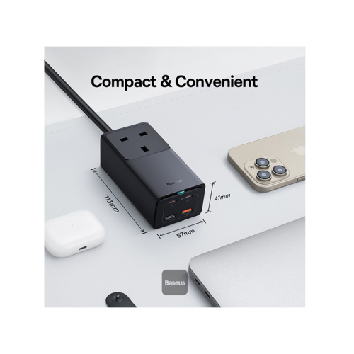 Baseus GaN5 Pro 2-Port USB-C + 2-Port USB-A 65W With 1-AC Power Strip - Cluster Black - موزع بلاك حائط شحن - 1 فتحه كهرباء - 2 منفذين تايب سي - 2 منفذين يو اس بي - قوة 65 واط - كفالة 12 شهر