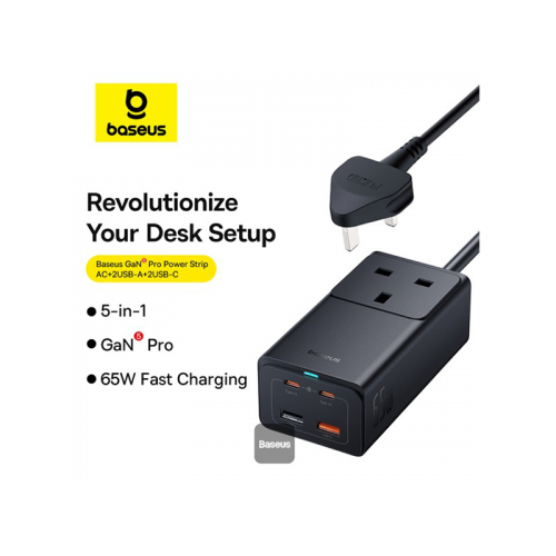 Baseus GaN5 Pro 2-Port USB-C + 2-Port USB-A 65W With 1-AC Power Strip - Cluster Black - موزع بلاك حائط شحن - 1 فتحه كهرباء - 2 منفذين تايب سي - 2 منفذين يو اس بي - قوة 65 واط - كفالة 12 شهر