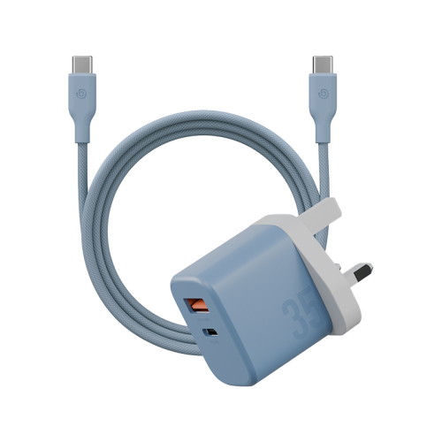 Bazic Go Port Velox Kit Bundle 1-Port USB-C & 1-Port USB-A PD 35W Wall Charger with Weave USB-C to USB-C 60W Cable - Bubblegum Blue - شاحن حائط - فتحتين للشحن السريع - 35 واط + سلك شحن تايب سي قوة 60 واط - كفالة 12 شهر