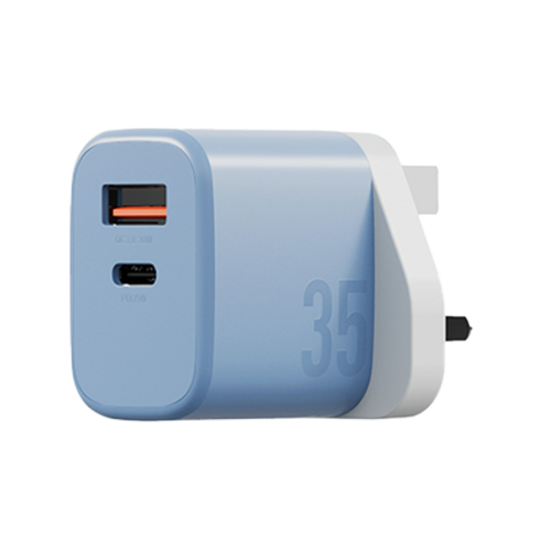 Bazic Go Port Velox Kit Bundle 1-Port USB-C & 1-Port USB-A PD 35W Wall Charger with Weave USB-C to USB-C 60W Cable - Bubblegum Blue - شاحن حائط - فتحتين للشحن السريع - 35 واط + سلك شحن تايب سي قوة 60 واط - كفالة 12 شهر