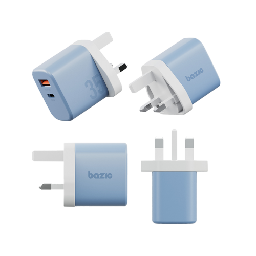 Bazic Go Port Velox Kit Bundle 1-Port USB-C & 1-Port USB-A PD 35W Wall Charger with Weave USB-C to USB-C 60W Cable - Bubblegum Blue - شاحن حائط - فتحتين للشحن السريع - 35 واط + سلك شحن تايب سي قوة 60 واط - كفالة 12 شهر