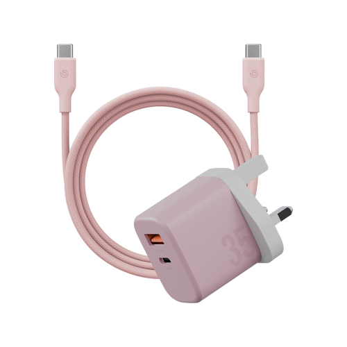 Bazic Go Port Velox Kit Bundle 1-Port USB-C & 1-Port USB-A PD 35W Wall Charger with Weave USB-C to USB-C 60W Cable - Peach Pink - شاحن حائط - فتحتين للشحن السريع - 35 واط + سلك شحن تايب سي قوة 60 واط - كفالة 12 شهر